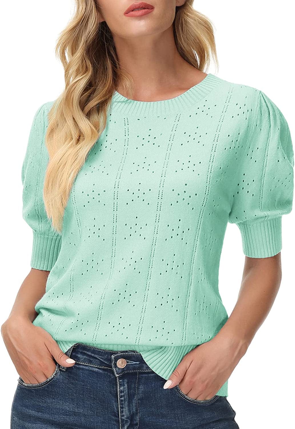 GRACE KARIN Womens Lightweight Soft Summer Puff Short Sleeve Tops Thin Pullover Sweater Knit Shirt Blouse Light Green / XX-Large