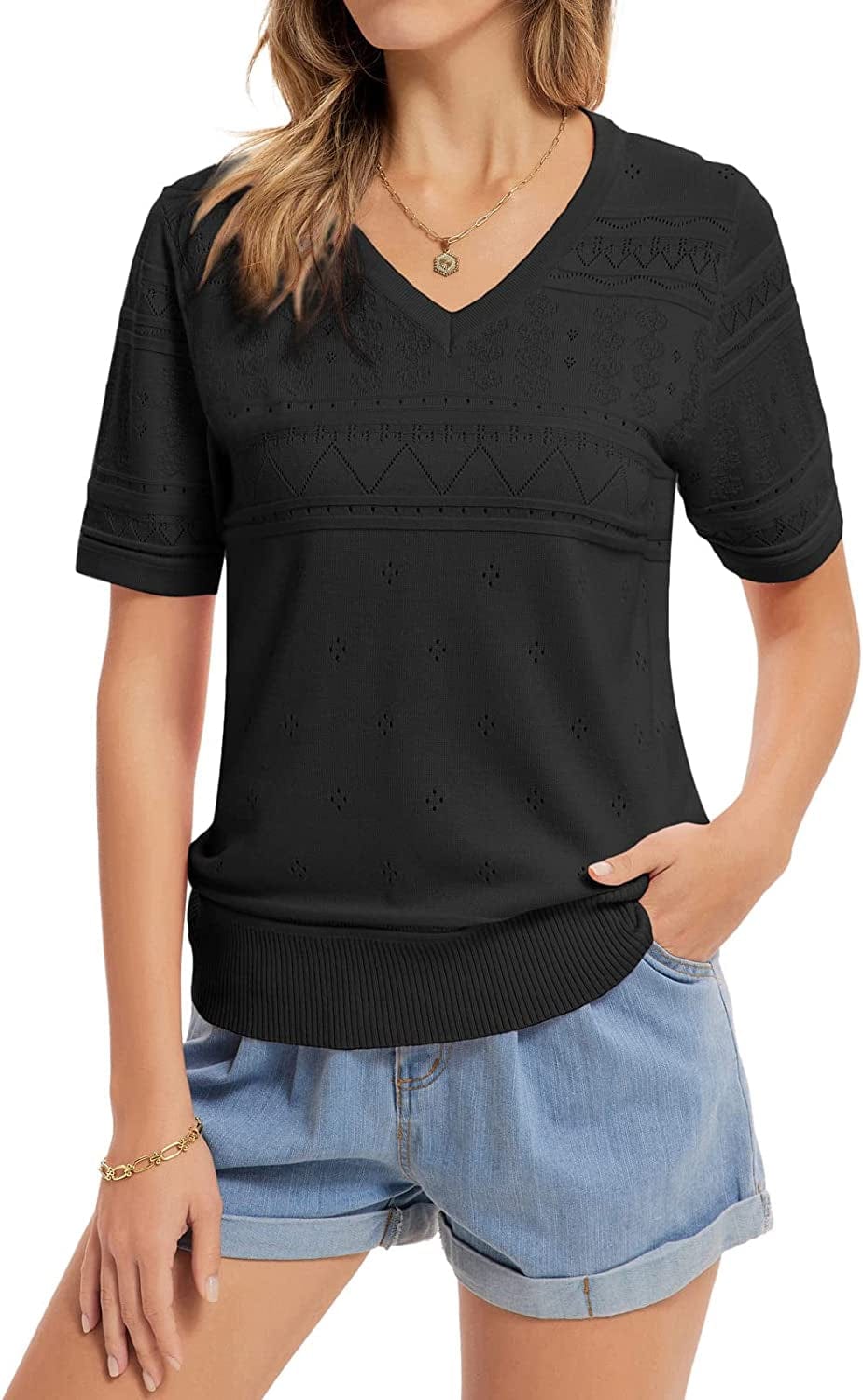 GRACE KARIN Womens Lightweight Soft Summer Puff Short Sleeve Tops Thin Pullover Sweater Knit Shirt Blouse Black a / XX-Large