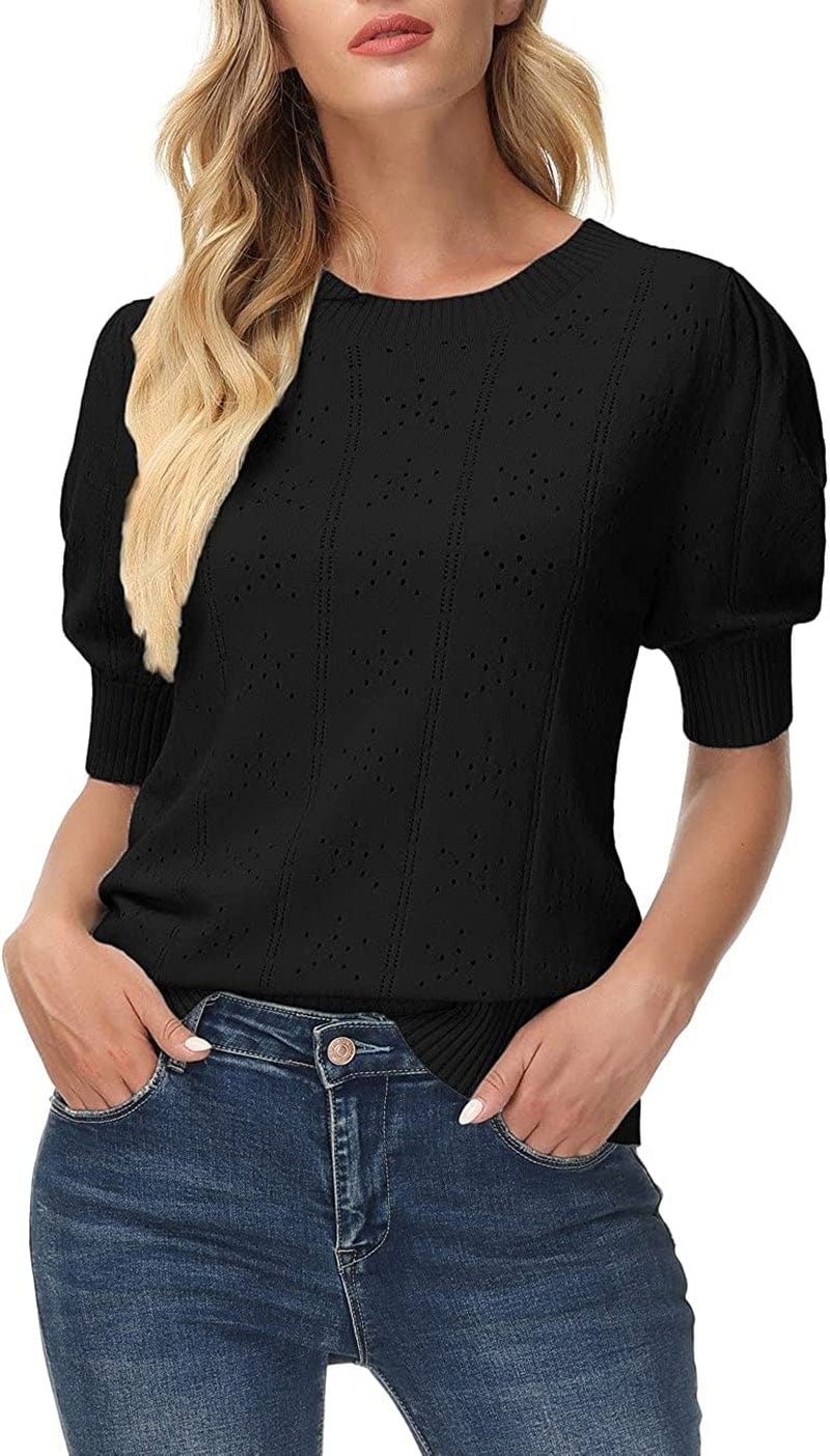 GRACE KARIN Womens Lightweight Soft Summer Puff Short Sleeve Tops Thin Pullover Sweater Knit Shirt Blouse Black / XX-Large