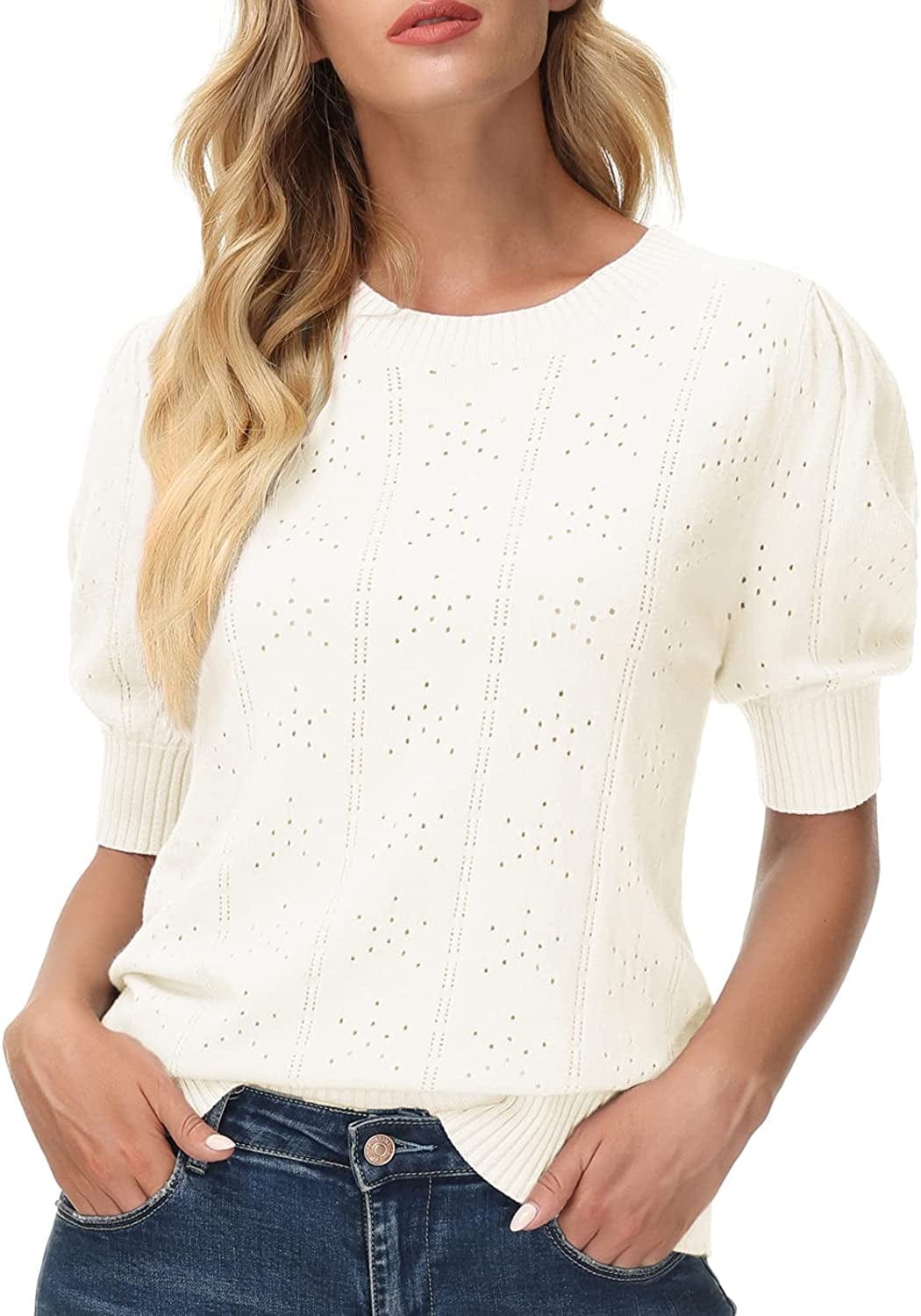 GRACE KARIN Womens Lightweight Soft Summer Puff Short Sleeve Tops Thin Pullover Sweater Knit Shirt Blouse White / XX-Large