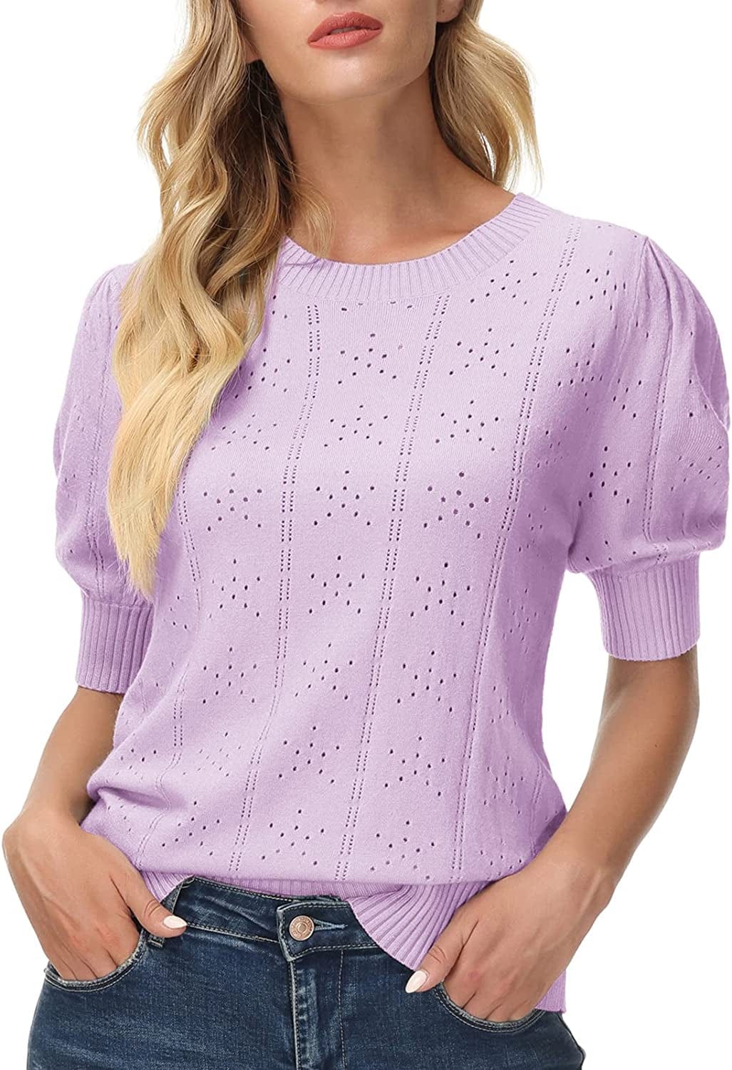 GRACE KARIN Womens Lightweight Soft Summer Puff Short Sleeve Tops Thin Pullover Sweater Knit Shirt Blouse Light Purple / XX-Large