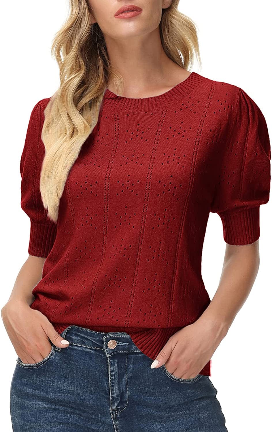 GRACE KARIN Womens Lightweight Soft Summer Puff Short Sleeve Tops Thin Pullover Sweater Knit Shirt Blouse Wine Red / XX-Large