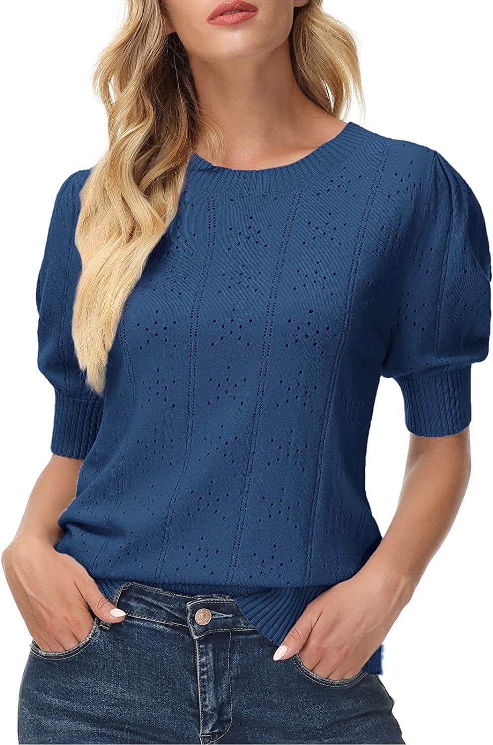 GRACE KARIN Womens Lightweight Soft Summer Puff Short Sleeve Tops Thin Pullover Sweater Knit Shirt Blouse Navy Blue / XX-Large