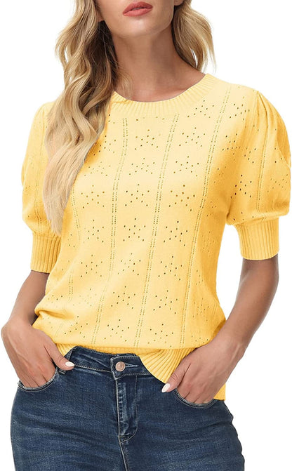 GRACE KARIN Womens Lightweight Soft Summer Puff Short Sleeve Tops Thin Pullover Sweater Knit Shirt Blouse Yellow / XX-Large