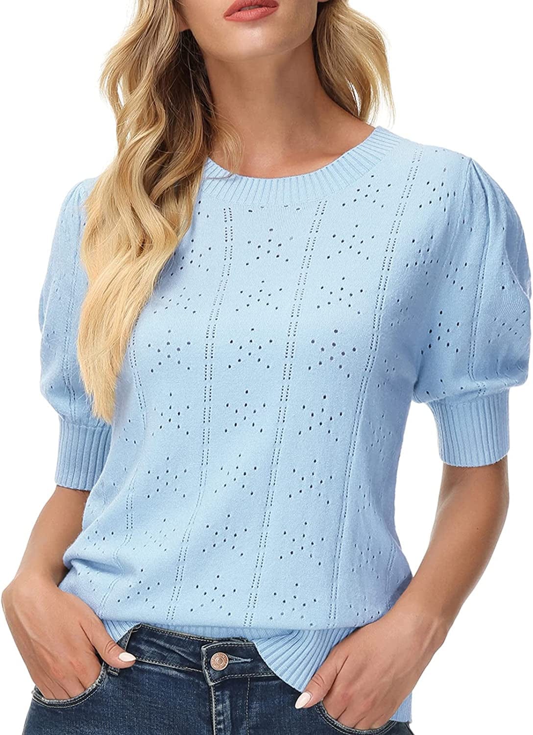 GRACE KARIN Womens Lightweight Soft Summer Puff Short Sleeve Tops Thin Pullover Sweater Knit Shirt Blouse Light Blue / XX-Large