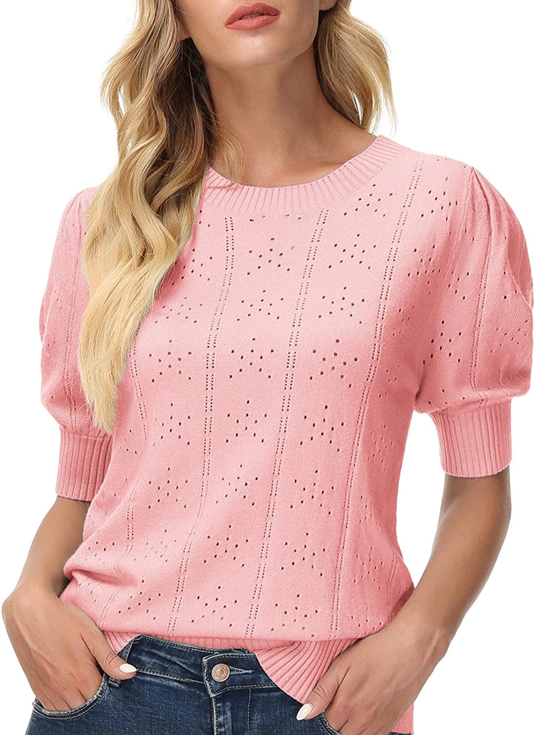 GRACE KARIN Womens Lightweight Soft Summer Puff Short Sleeve Tops Thin Pullover Sweater Knit Shirt Blouse Light Pink / XX-Large