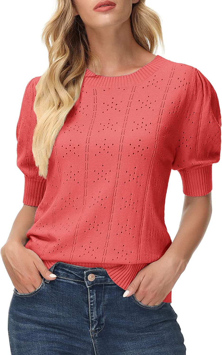 GRACE KARIN Womens Lightweight Soft Summer Puff Short Sleeve Tops Thin Pullover Sweater Knit Shirt Blouse Mandarin Red / XX-Large