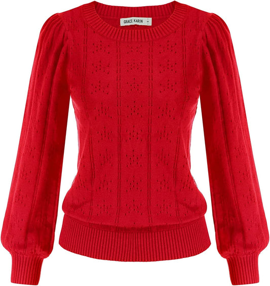 GRACE KARIN Womens Lightweight Soft Summer Puff Short Sleeve Tops Thin Pullover Sweater Knit Shirt Blouse Cl0834 Red Long Sleeve / XX-Large