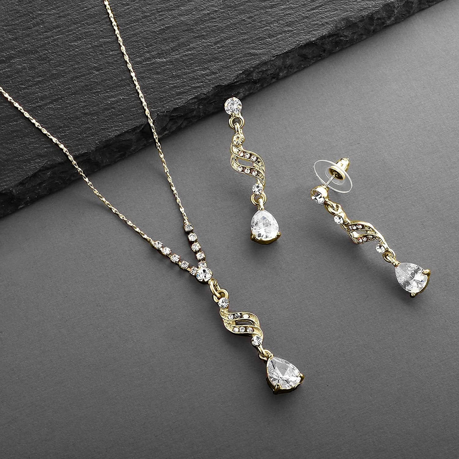 Graceful 14K Gold CZ Teardrop Necklace & Earrings Jewelry Set - Bridal, Bridesmaid & Prom Glam