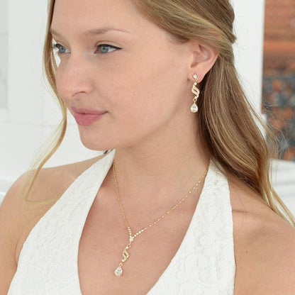Graceful 14K Gold CZ Teardrop Necklace & Earrings Jewelry Set - Bridal, Bridesmaid & Prom Glam
