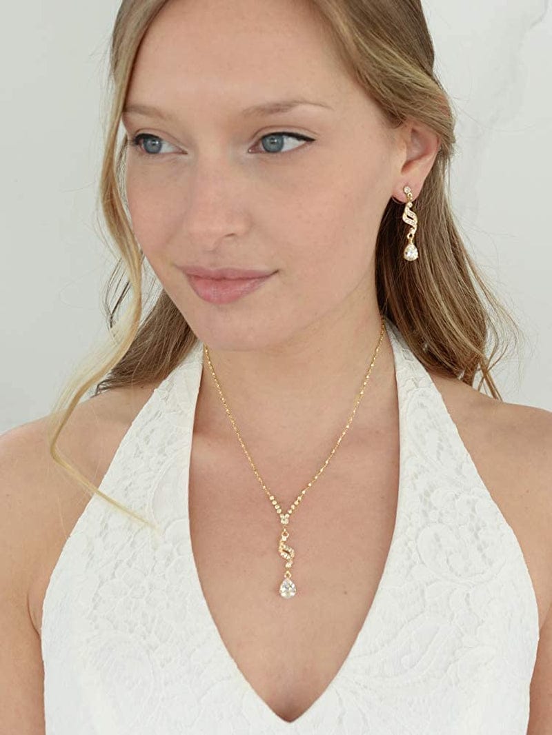 Graceful 14K Gold CZ Teardrop Necklace & Earrings Jewelry Set - Bridal, Bridesmaid & Prom Glam