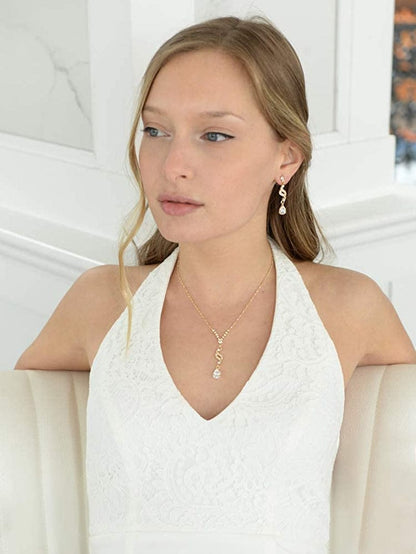 Graceful 14K Gold CZ Teardrop Necklace & Earrings Jewelry Set - Bridal, Bridesmaid & Prom Glam