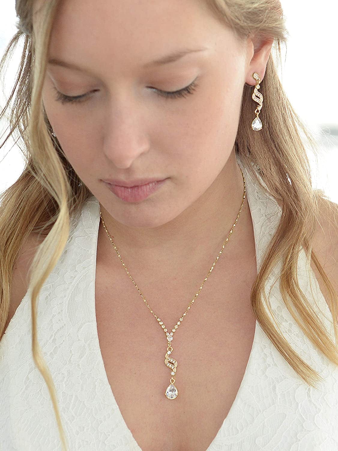 Graceful 14K Gold CZ Teardrop Necklace & Earrings Jewelry Set - Bridal, Bridesmaid & Prom Glam
