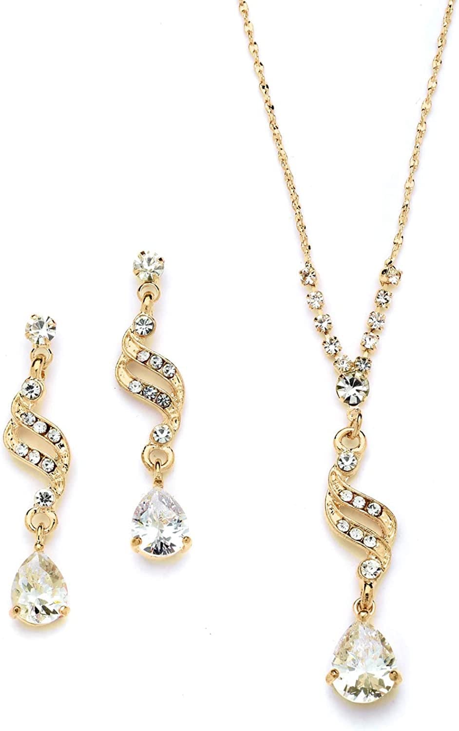 Graceful 14K Gold CZ Teardrop Necklace & Earrings Jewelry Set - Bridal, Bridesmaid & Prom Glam