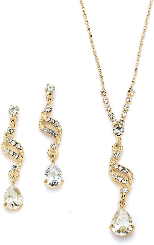 Graceful 14K Gold CZ Teardrop Necklace & Earrings Jewelry Set - Bridal, Bridesmaid & Prom Glam