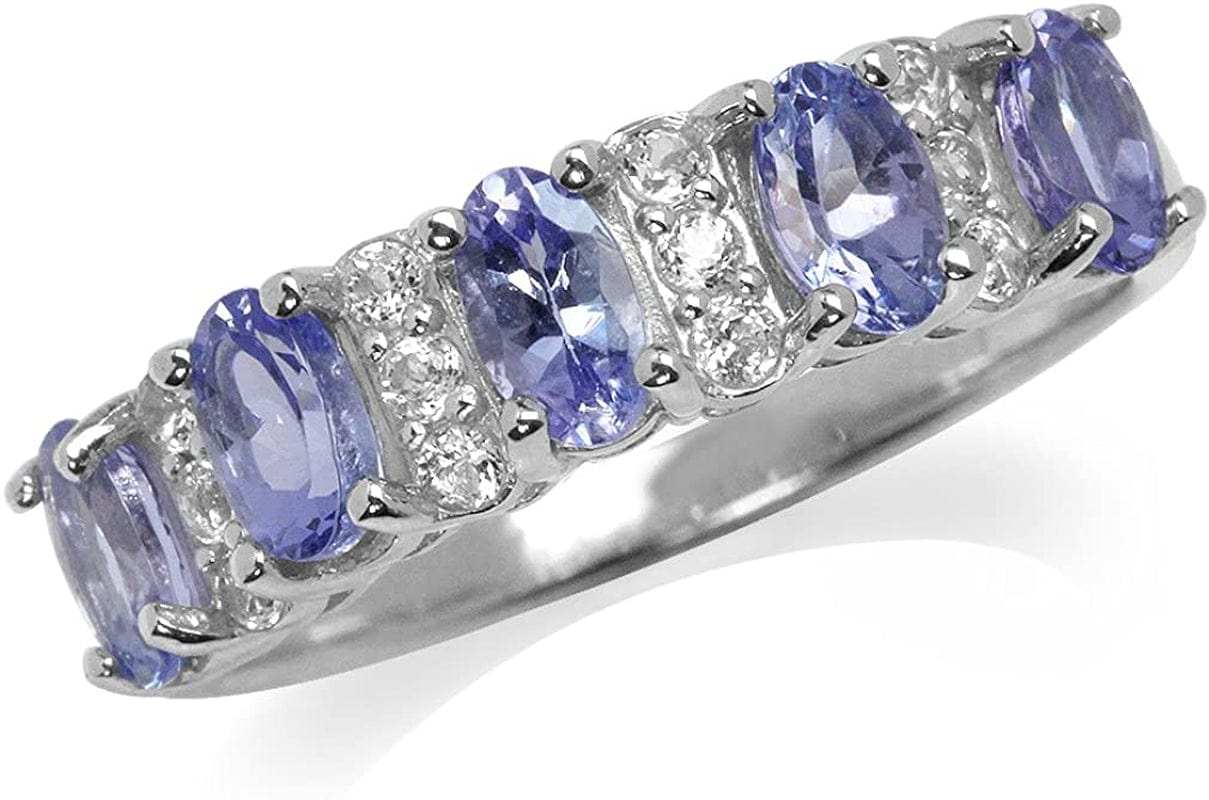 Graduated 5 Stone Gemstones White Gold Plated 925 Sterling Silver Ring Jewelry for Women 8.5 / genuine tanzanite and white topaz