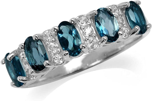 Graduated 5 Stone Gemstones White Gold Plated 925 Sterling Silver Ring Jewelry for Women 9.5 / genuine london blue topaz - december birthstone