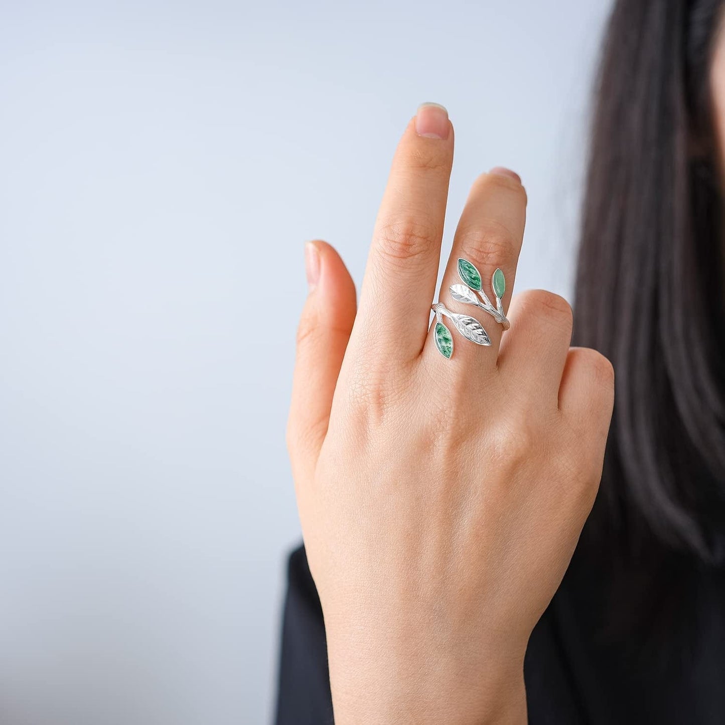 Grow through What You Go through Rings with Card,925 Sterling Silver Marquise Shape Jade Aventurine Open Leaf Rings Olive Leaf Rings Handmade Jewelry Unique Gifts for Women Mother Mom Wife Girls