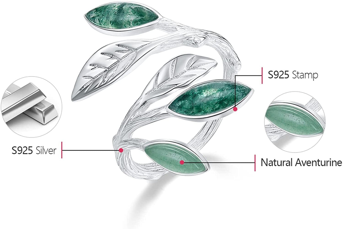 Grow through What You Go through Rings with Card,925 Sterling Silver Marquise Shape Jade Aventurine Open Leaf Rings Olive Leaf Rings Handmade Jewelry Unique Gifts for Women Mother Mom Wife Girls