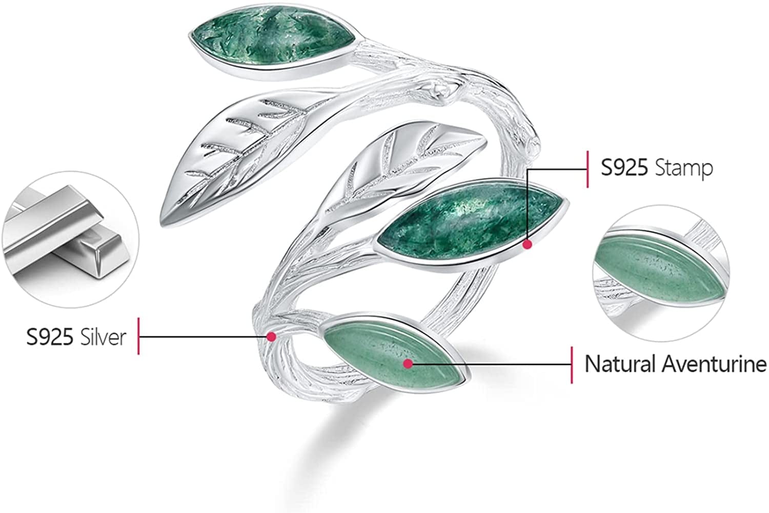 Grow through What You Go through Rings with Card,925 Sterling Silver Marquise Shape Jade Aventurine Open Leaf Rings Olive Leaf Rings Handmade Jewelry Unique Gifts for Women Mother Mom Wife Girls