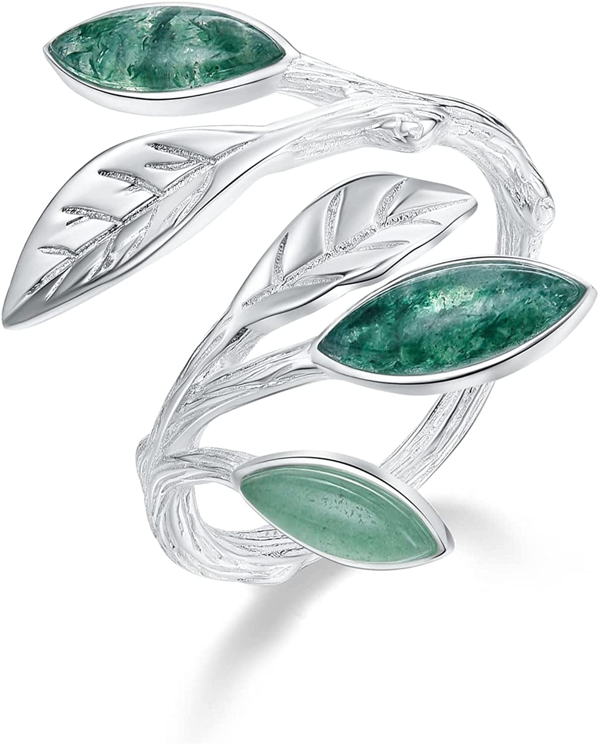 Grow through What You Go through Rings with Card,925 Sterling Silver Marquise Shape Jade Aventurine Open Leaf Rings Olive Leaf Rings Handmade Jewelry Unique Gifts for Women Mother Mom Wife Girls