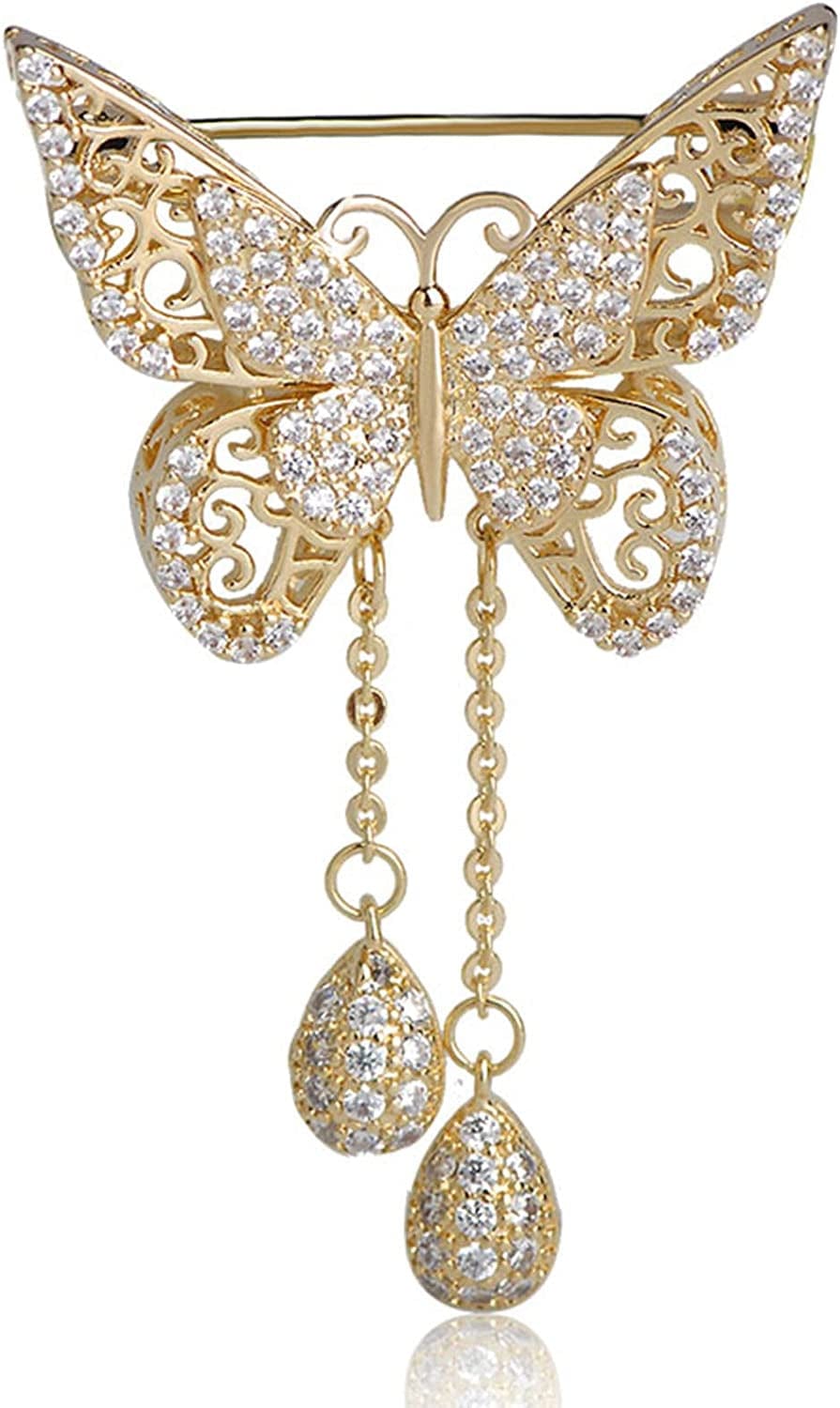 Guoshang Women Hollow Out Butterfly Brooch Pin with Pendant Butterfly Lapel Pin for Coats Jackets Sweaters Accessories,Gold,1 Pc Gold / 1 Pc