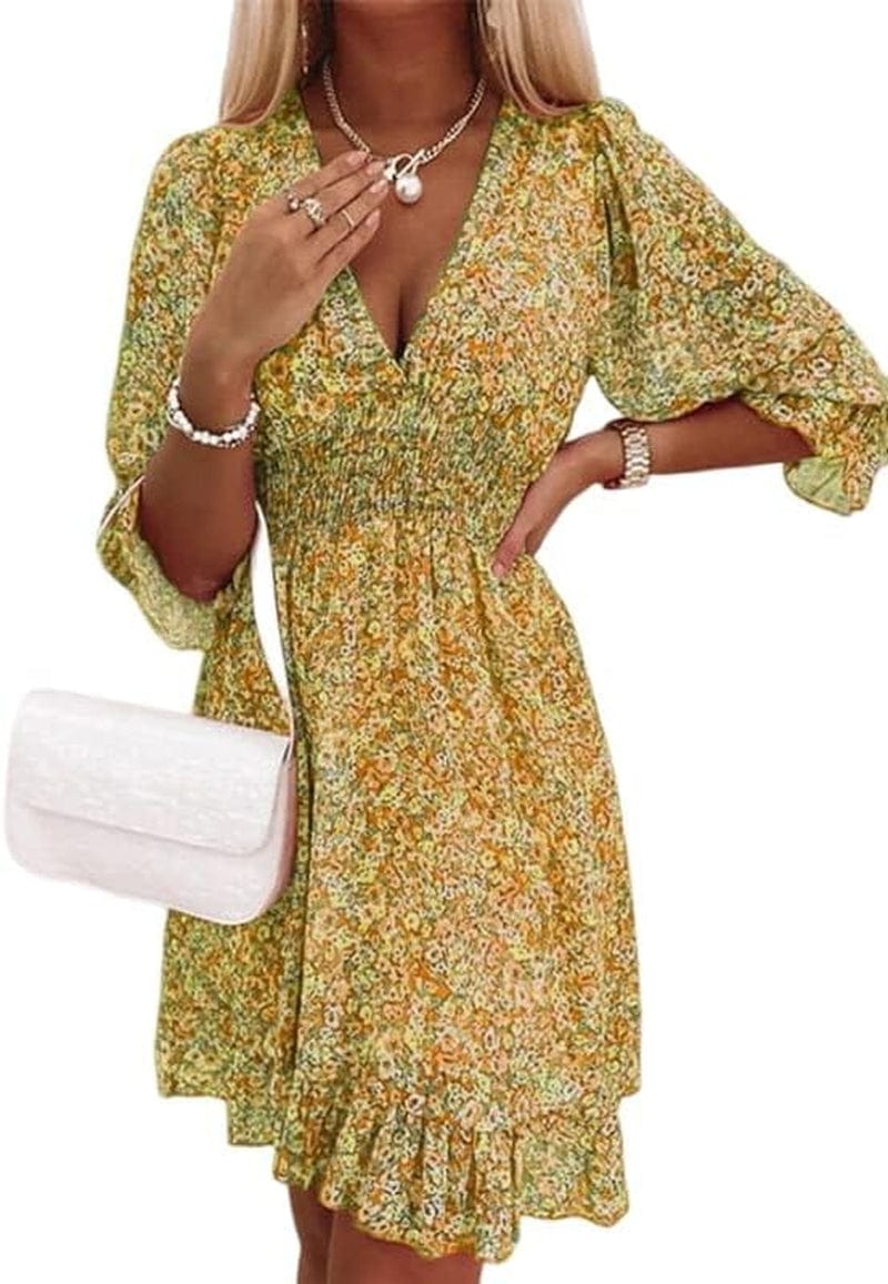 Guteidee Womens Casual Boho Floral Print Mini Dress Deep V Neck Ruffle 3/4 Lantern Sleeve a Line Flowy Beach Short Dress Yellow / Medium
