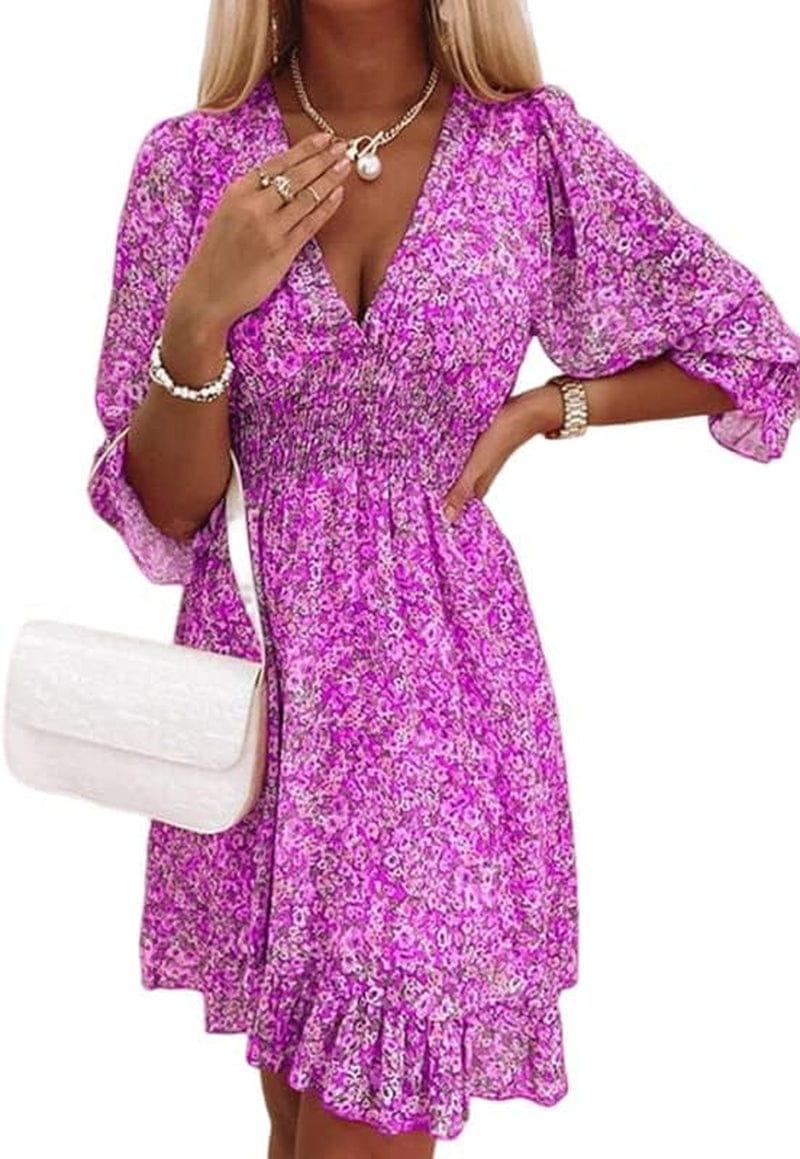 Guteidee Womens Casual Boho Floral Print Mini Dress Deep V Neck Ruffle 3/4 Lantern Sleeve a Line Flowy Beach Short Dress Purple / Medium