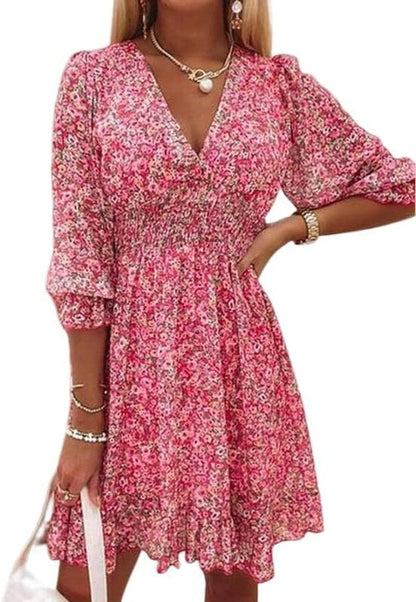 Guteidee Womens Casual Boho Floral Print Mini Dress Deep V Neck Ruffle 3/4 Lantern Sleeve a Line Flowy Beach Short Dress Red / Medium