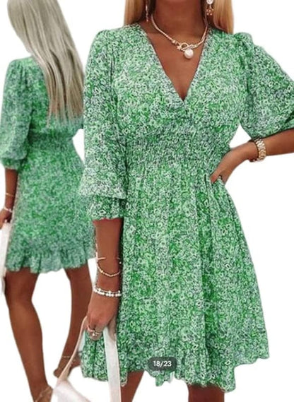 Guteidee Womens Casual Boho Floral Print Mini Dress Deep V Neck Ruffle 3/4 Lantern Sleeve a Line Flowy Beach Short Dress Green / Medium