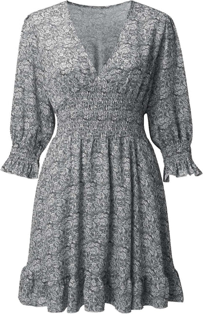 Guteidee Womens Casual Boho Floral Print Mini Dress Deep V Neck Ruffle 3/4 Lantern Sleeve a Line Flowy Beach Short Dress