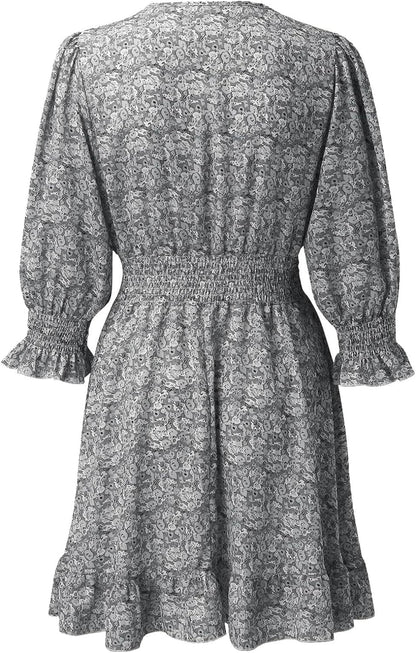 Guteidee Womens Casual Boho Floral Print Mini Dress Deep V Neck Ruffle 3/4 Lantern Sleeve a Line Flowy Beach Short Dress