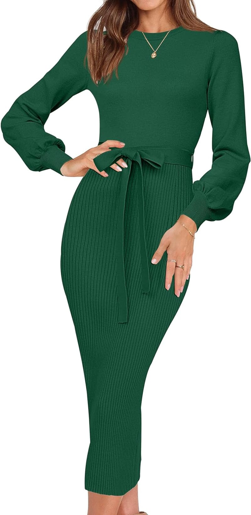 HAEOF Womens 2023 Fall & Winter Sweater Dress Elegant Ribbed Knit Crewneck Long Puff Sleeve Bodycon Midi Dress with Belt Dark Green / Small