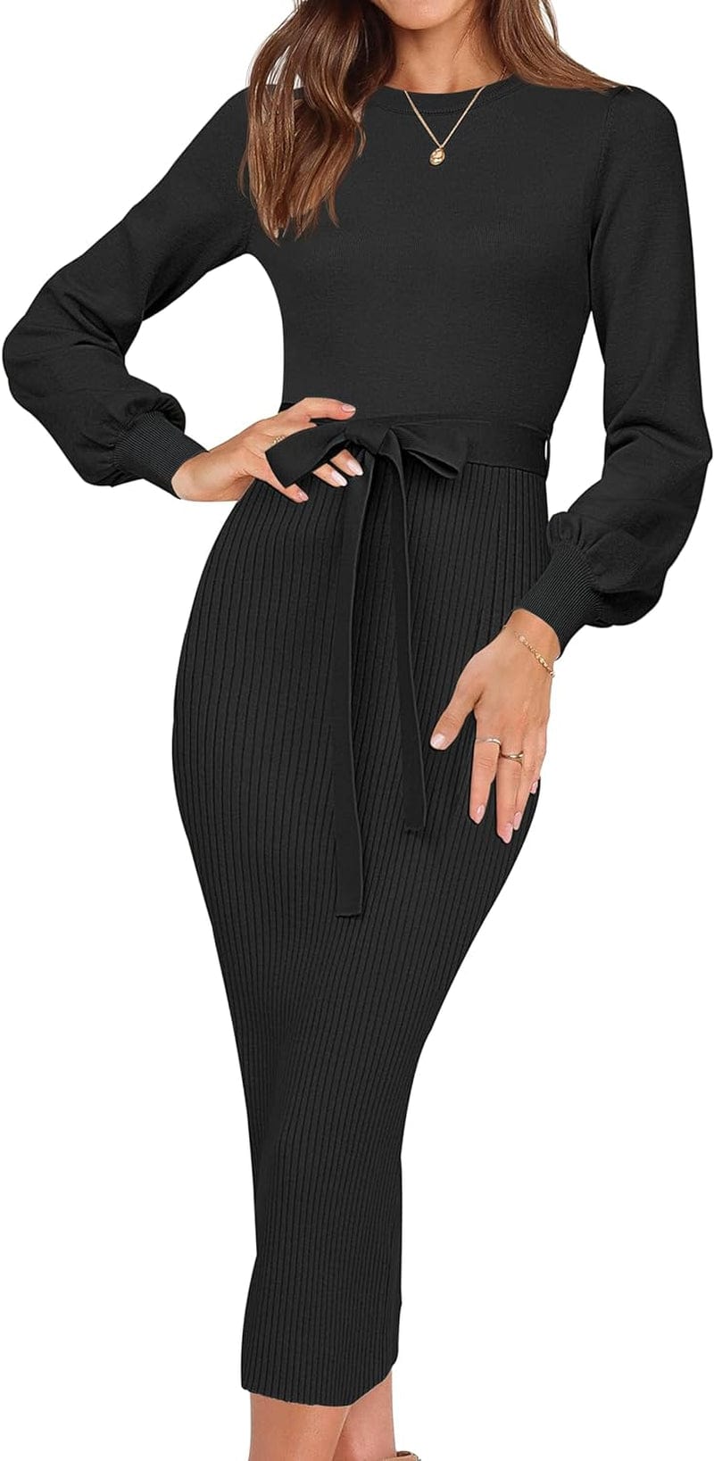 HAEOF Womens 2023 Fall & Winter Sweater Dress Elegant Ribbed Knit Crewneck Long Puff Sleeve Bodycon Midi Dress with Belt Black / Small