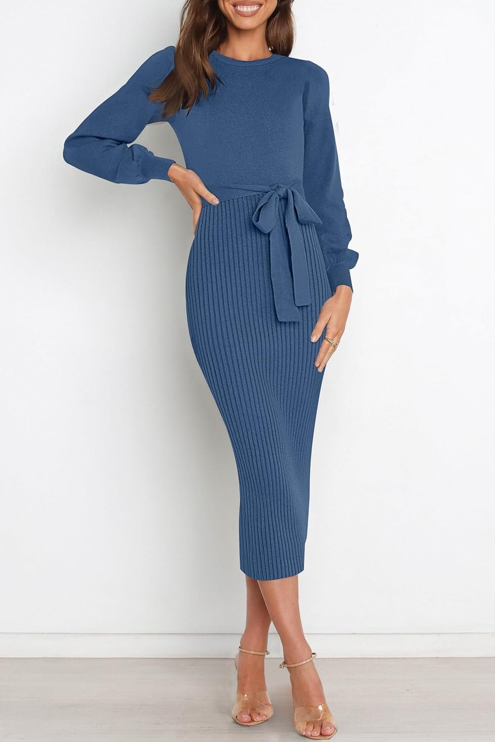 HAEOF Womens 2023 Fall & Winter Sweater Dress Elegant Ribbed Knit Crewneck Long Puff Sleeve Bodycon Midi Dress with Belt