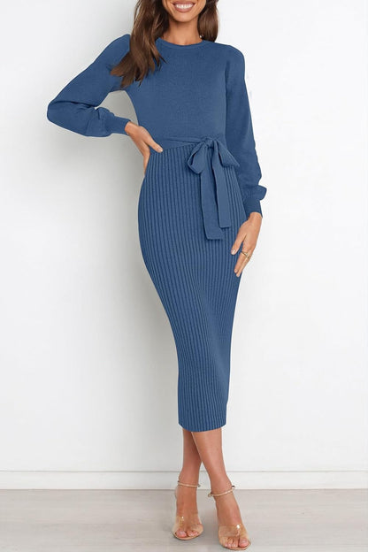 HAEOF Womens 2023 Fall & Winter Sweater Dress Elegant Ribbed Knit Crewneck Long Puff Sleeve Bodycon Midi Dress with Belt