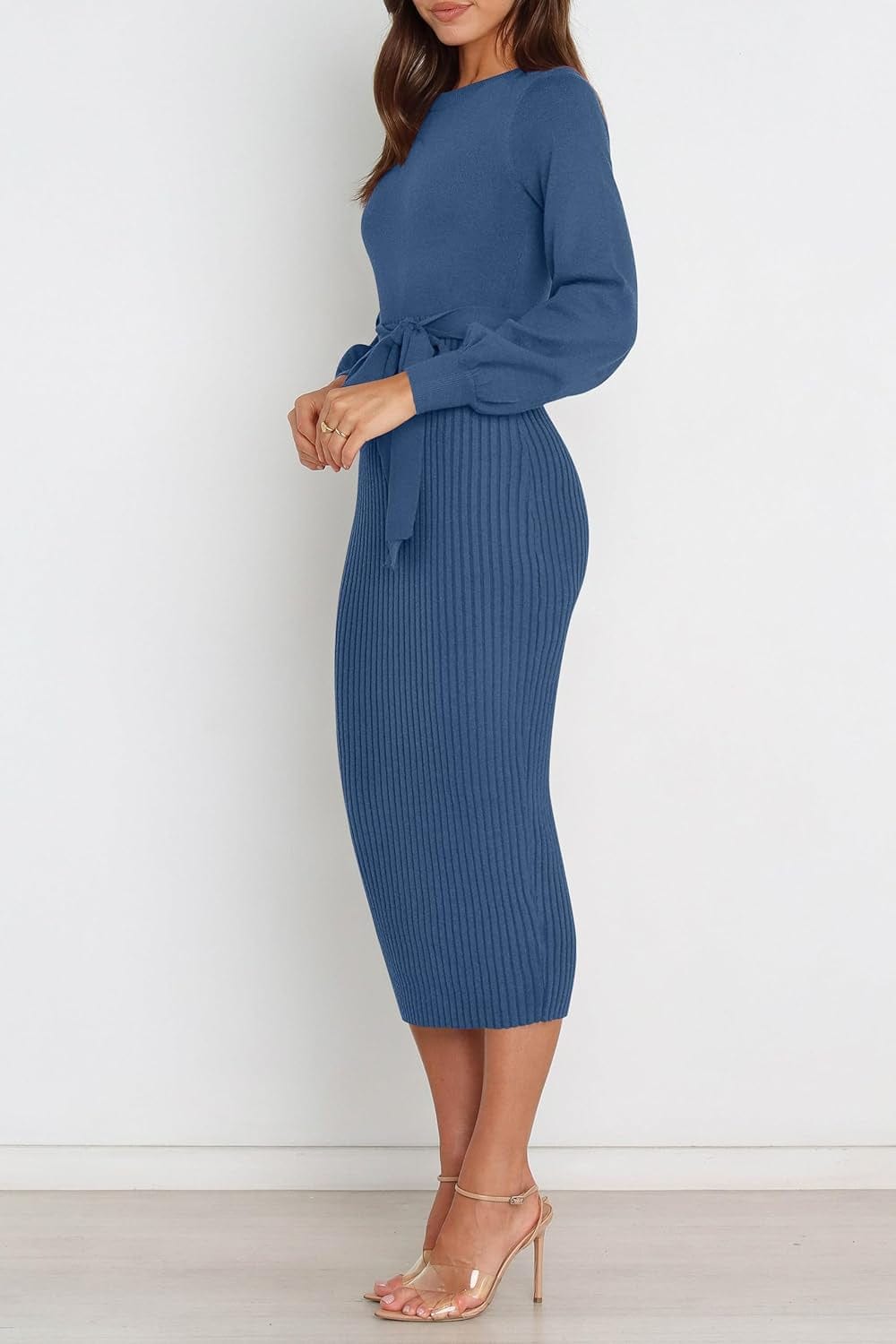 HAEOF Womens 2023 Fall & Winter Sweater Dress Elegant Ribbed Knit Crewneck Long Puff Sleeve Bodycon Midi Dress with Belt
