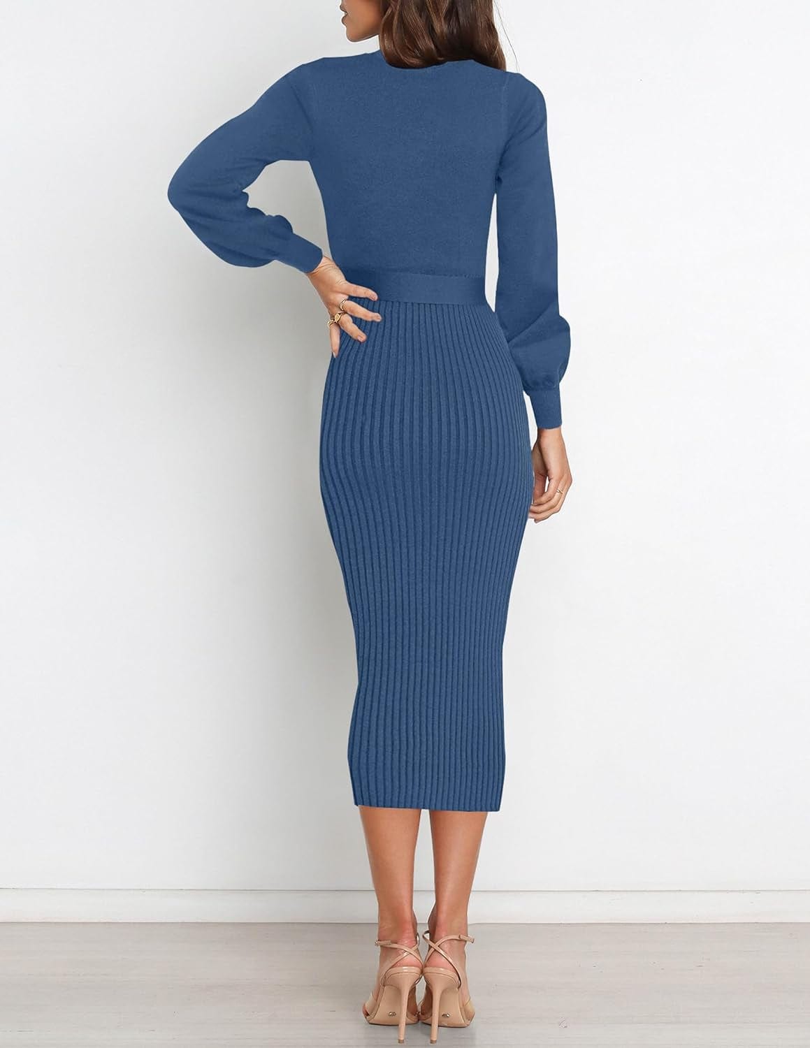 HAEOF Womens 2023 Fall & Winter Sweater Dress Elegant Ribbed Knit Crewneck Long Puff Sleeve Bodycon Midi Dress with Belt
