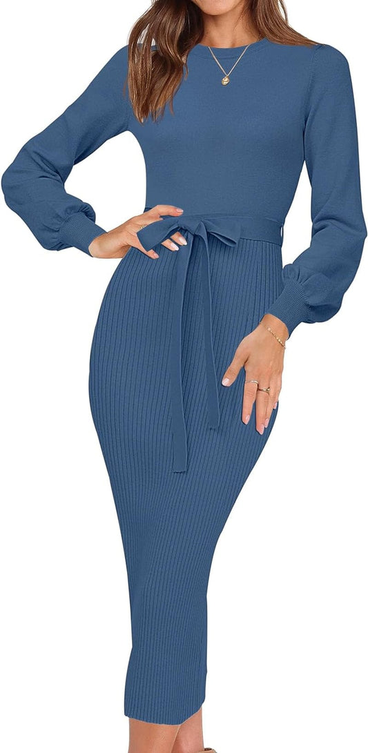 HAEOF Womens 2023 Fall & Winter Sweater Dress Elegant Ribbed Knit Crewneck Long Puff Sleeve Bodycon Midi Dress with Belt