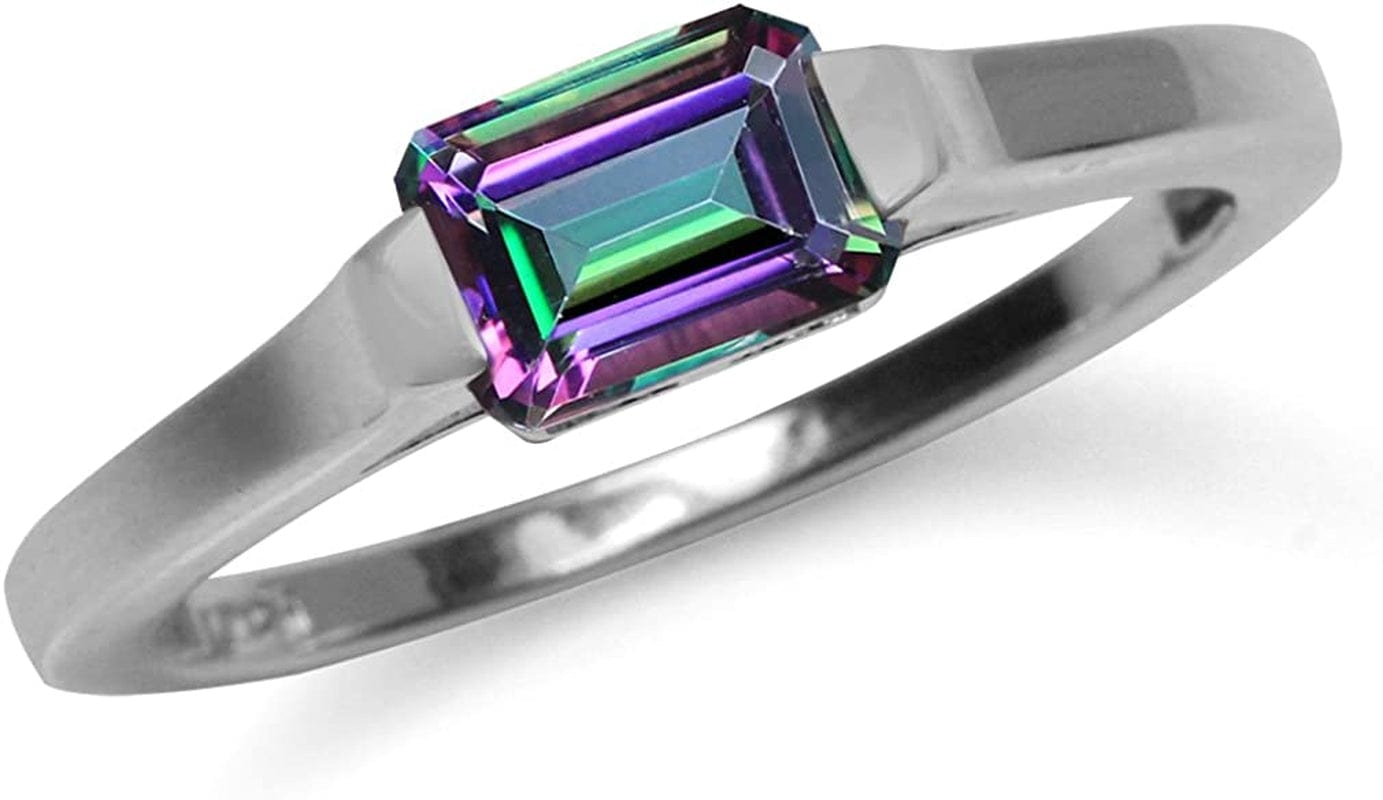 Half Bezel Set Octagon Shape White Gold Plated 925 Sterling Silver Minimalist Solitaire Birthstone Ring Jewelry for Women 8 / Topaz