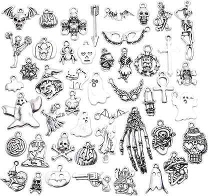 Halloween Charms,100 Grams(About 55-60 Pieces) Assorted Silver Pendants Skeleton Pumpkin Bat Witch Collection for Jewelry Making Key Rings Crafts Style2
