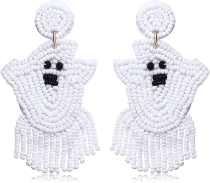 Halloween Earrings Beaded Fringe Pumpkin Spooky Ghost Dangle Earrings Halloween Costume Accessory Idea Gifts for Women White