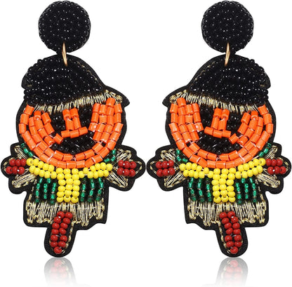 Halloween Earrings Beaded Fringe Pumpkin Spooky Ghost Dangle Earrings Halloween Costume Accessory Idea Gifts for Women Black Scarecrow