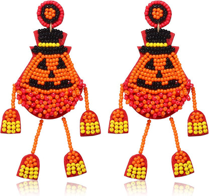 Halloween Earrings Beaded Fringe Pumpkin Spooky Ghost Dangle Earrings Halloween Costume Accessory Idea Gifts for Women Pumpkin