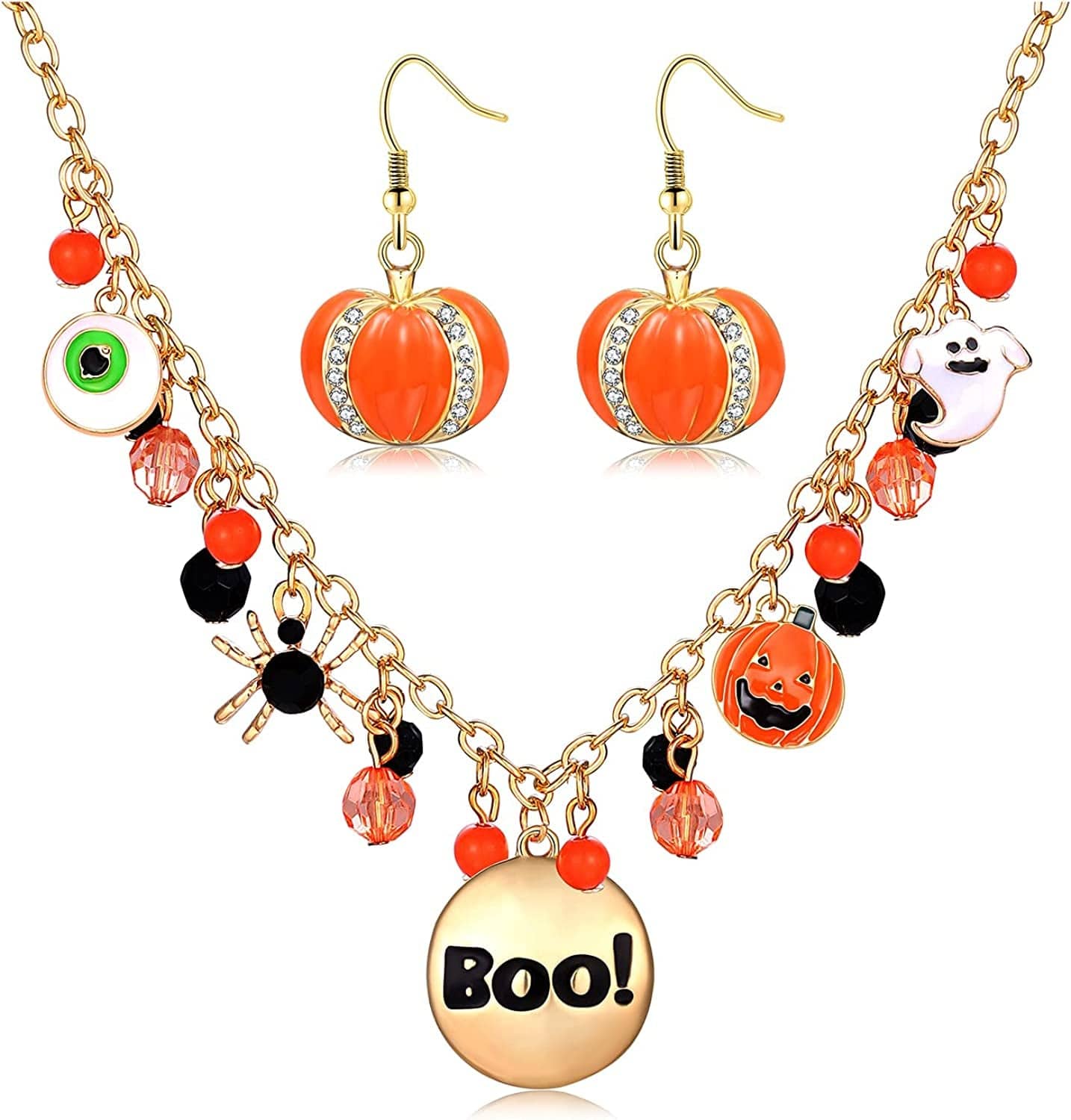 Halloween Ghost Necklace Crystal Beaded BOO Pumpkin Pendant Choker Necklace with Pumpkin Drop Earrings Jewelry Set Gold