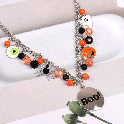 Halloween Ghost Necklace Crystal Beaded BOO Pumpkin Pendant Choker Necklace with Pumpkin Drop Earrings Jewelry Set