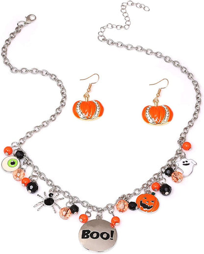 Halloween Ghost Necklace Crystal Beaded BOO Pumpkin Pendant Choker Necklace with Pumpkin Drop Earrings Jewelry Set