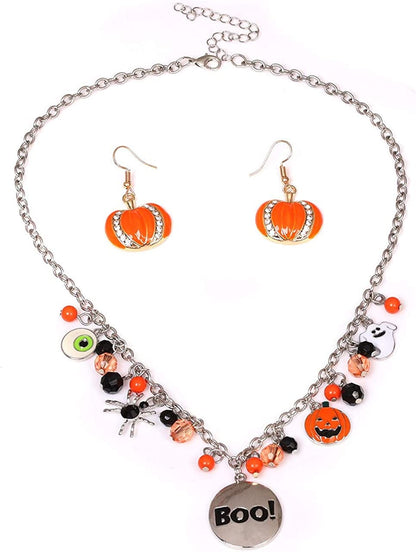 Halloween Ghost Necklace Crystal Beaded BOO Pumpkin Pendant Choker Necklace with Pumpkin Drop Earrings Jewelry Set