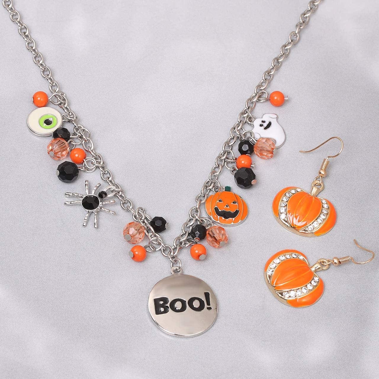 Halloween Ghost Necklace Crystal Beaded BOO Pumpkin Pendant Choker Necklace with Pumpkin Drop Earrings Jewelry Set