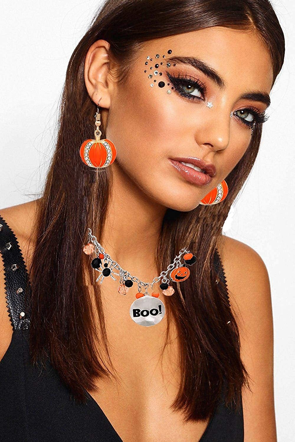 Halloween Ghost Necklace Crystal Beaded BOO Pumpkin Pendant Choker Necklace with Pumpkin Drop Earrings Jewelry Set